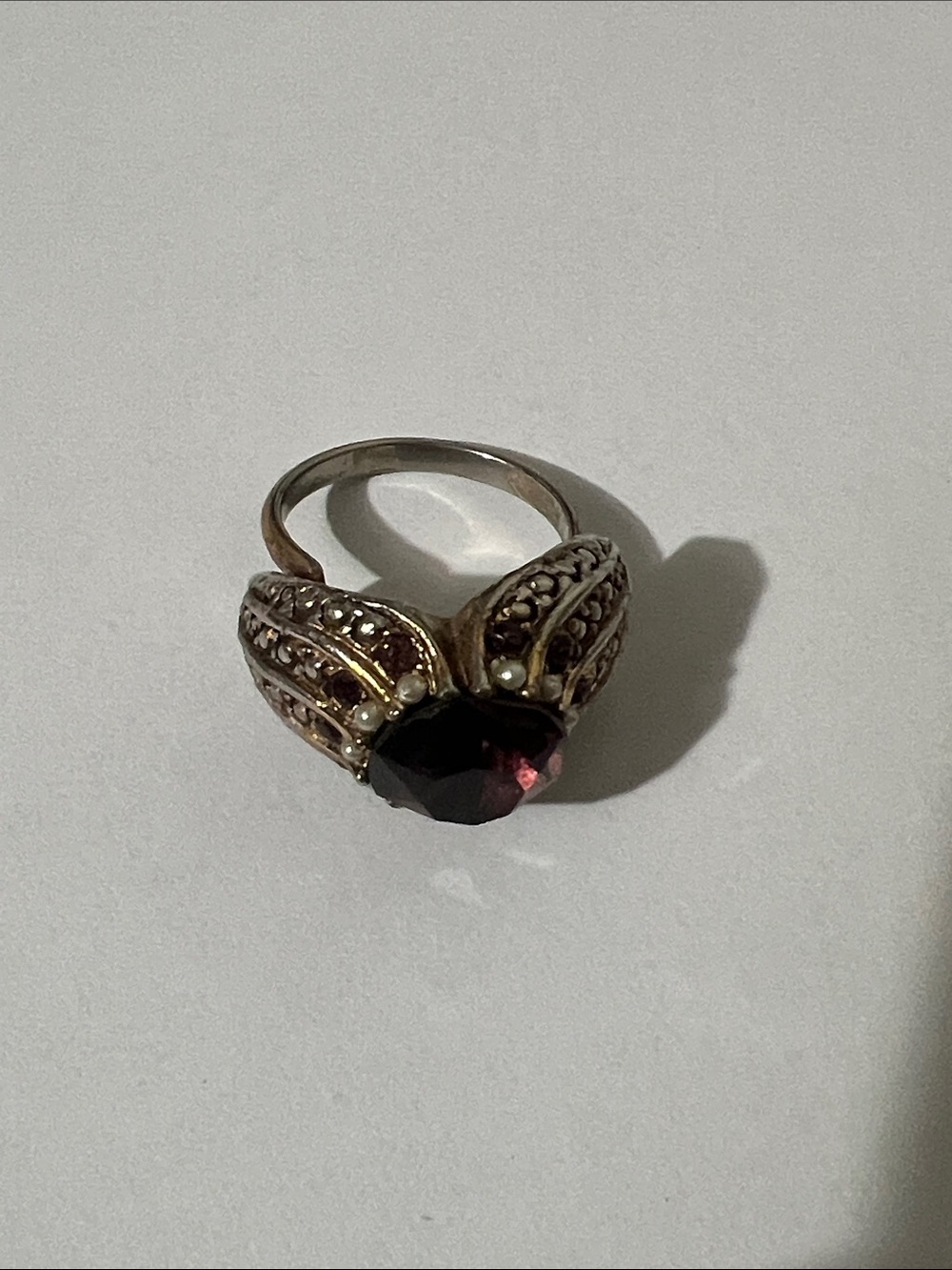 Gold-Tone Ring with Deep Red Faceted Center Stone adjustable